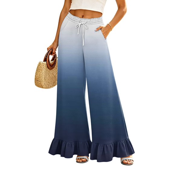 Sewkxo Womens Wide Leg Pants Drawstring Elastic High Waisted Ruffle Hem Palazzo Pants with Pockets,Dark Blue 2XL