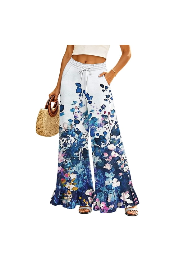 Womens Wide Leg Pants Drawstring Elastic High Waisted Ruffle Hem Palazzo Pants with Pockets,Dark Blue 2XL