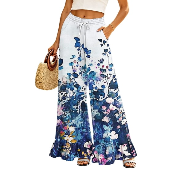 Sewkxo Womens Wide Leg Pants Drawstring Elastic High Waisted Ruffle Hem Palazzo Pants with Pockets,Dark Blue M