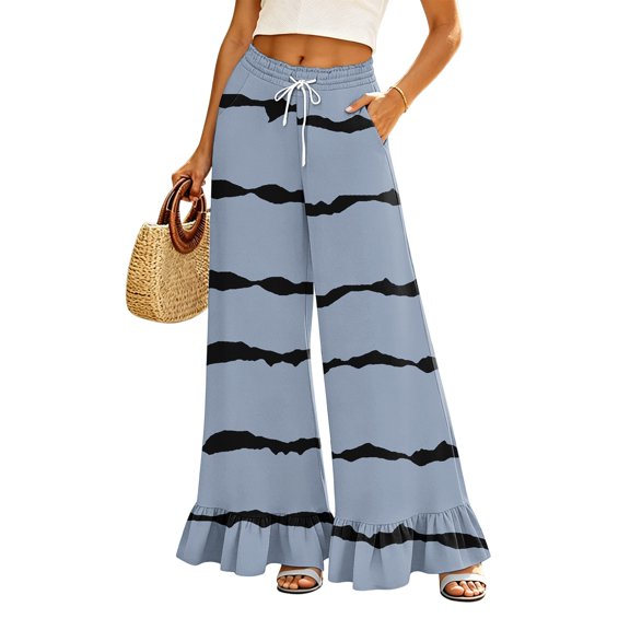 Sewkxo Womens Wide Leg Pants Drawstring Elastic High Waisted Ruffle Hem Palazzo Pants with Pockets,Dark Gray S