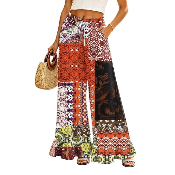 Sewkxo Womens Wide Leg Pants Drawstring Elastic High Waisted Ruffle Hem Palazzo Pants with Pockets,Deep Red S