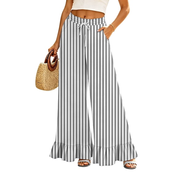 Sewkxo Womens Wide Leg Pants Drawstring Elastic High Waisted Ruffle Hem Palazzo Pants with Pockets,Gray L
