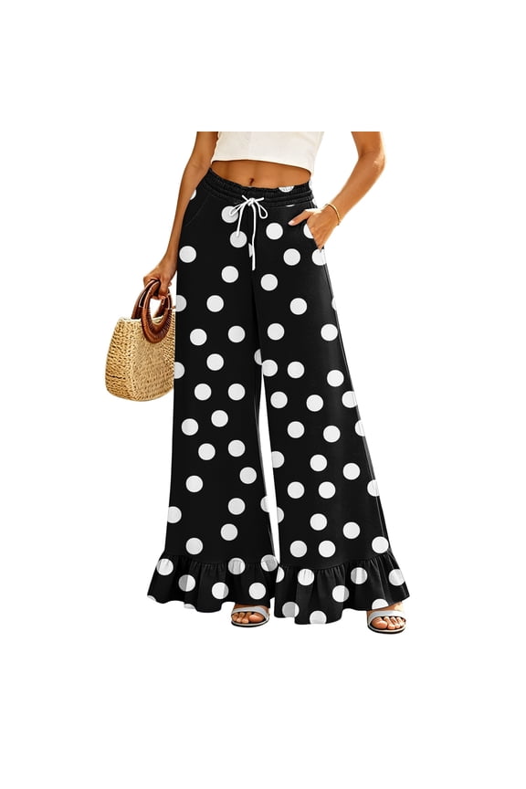 Womens Wide Leg Pants Drawstring Elastic High Waisted Ruffle Hem Palazzo Pants with Pockets,Gray L