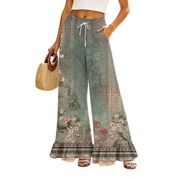 Sewkxo Womens Wide Leg Pants Drawstring Elastic High Waisted Ruffle Hem Palazzo Pants with Pockets,Green 2XL