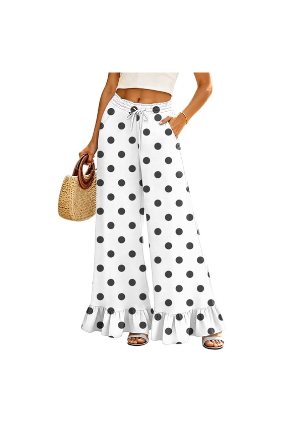 Womens Wide Leg Pants Drawstring Elastic High Waisted Ruffle Hem Palazzo Pants with Pockets,Light Gray L