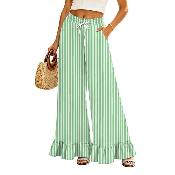 Sewkxo Womens Wide Leg Pants Drawstring Elastic High Waisted Ruffle Hem Palazzo Pants with Pockets,Light Green 2XL