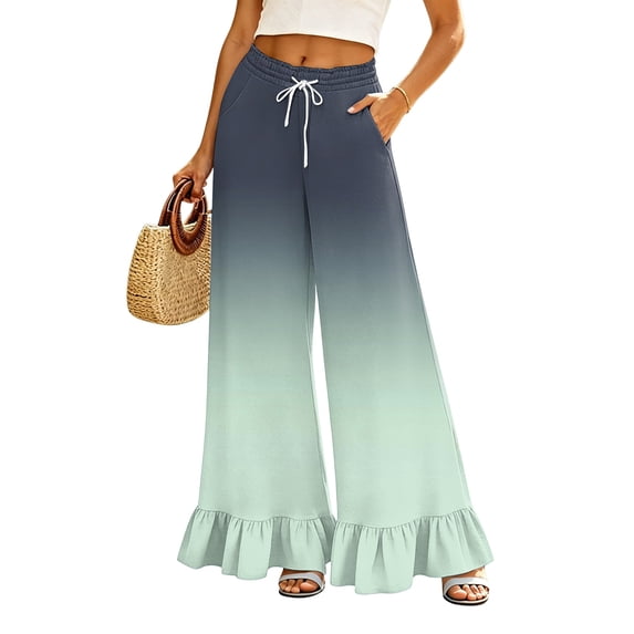 Sewkxo Womens Wide Leg Pants Drawstring Elastic High Waisted Ruffle Hem Palazzo Pants with Pockets,Light Green 2XL