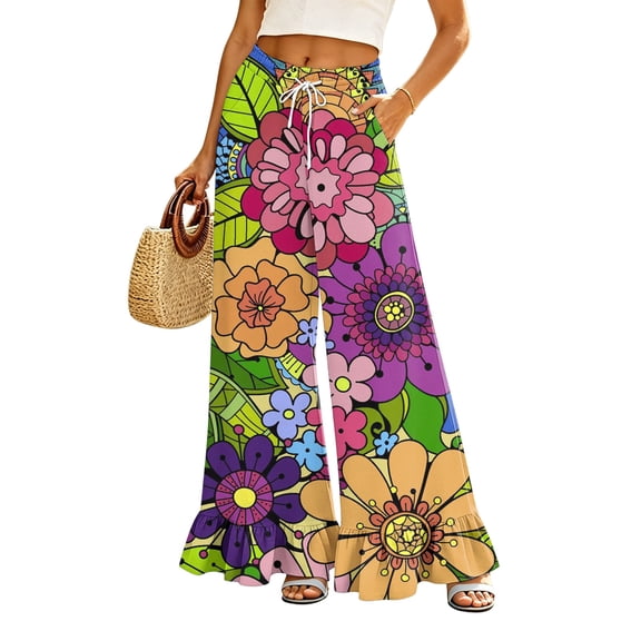 Sewkxo Womens Wide Leg Pants Drawstring Elastic High Waisted Ruffle Hem Palazzo Pants with Pockets,Multicolor M