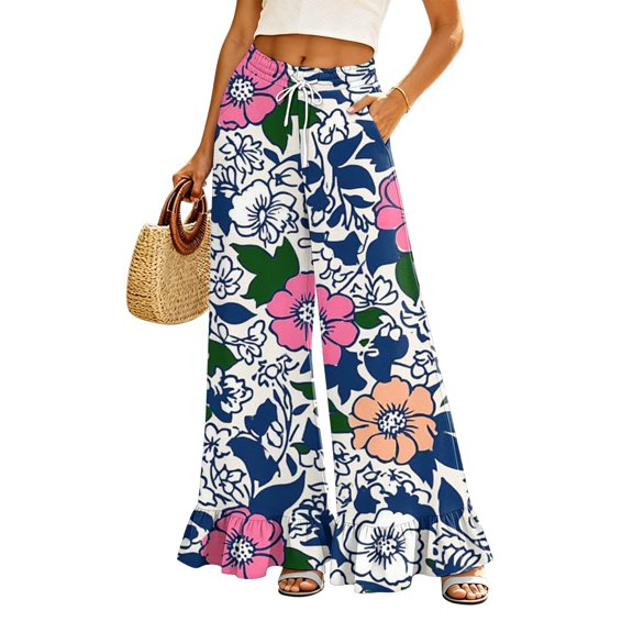 Sewkxo Womens Wide Leg Pants Drawstring Elastic High Waisted Ruffle Hem Palazzo Pants with Pockets,Navy L