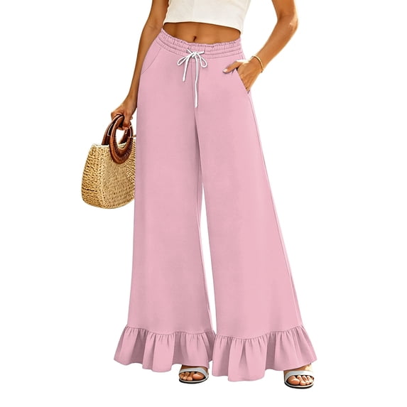 Sewkxo Womens Wide Leg Pants Drawstring Elastic High Waisted Ruffle Hem Palazzo Pants with Pockets,Pink S