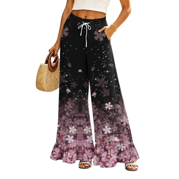 Sewkxo Womens Wide Leg Pants Drawstring Elastic High Waisted Ruffle Hem Palazzo Pants with Pockets,Pink XL