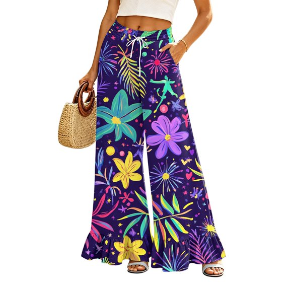 Sewkxo Womens Wide Leg Pants Drawstring Elastic High Waisted Ruffle Hem Palazzo Pants with Pockets,Purple XL
