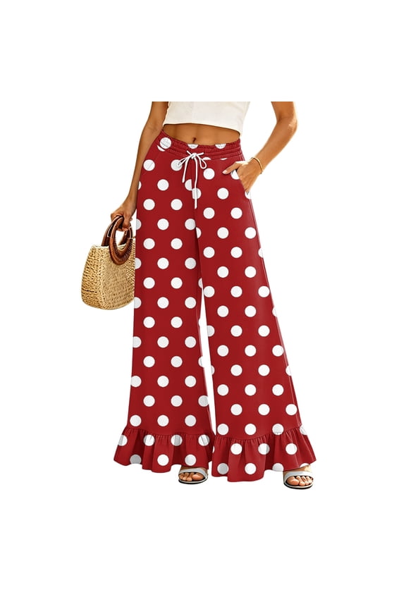 Womens Wide Leg Pants Drawstring Elastic High Waisted Ruffle Hem Palazzo Pants with Pockets,Red M
