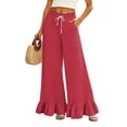 thumbnail image 1 of Sewkxo Womens Wide Leg Pants Drawstring Elastic High Waisted Ruffle Hem Palazzo Pants with Pockets,Red S, 1 of 6