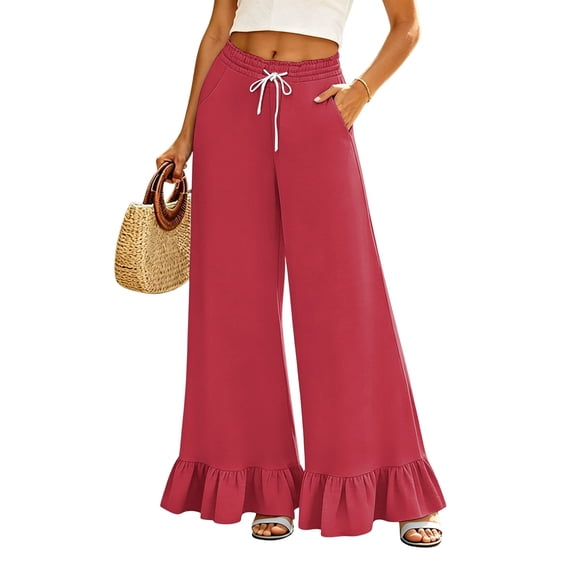 Sewkxo Womens Wide Leg Pants Drawstring Elastic High Waisted Ruffle Hem Palazzo Pants with Pockets,Red S