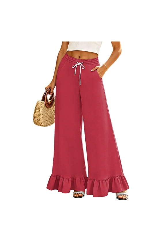 Womens Wide Leg Pants Drawstring Elastic High Waisted Ruffle Hem Palazzo Pants with Pockets,Red XL