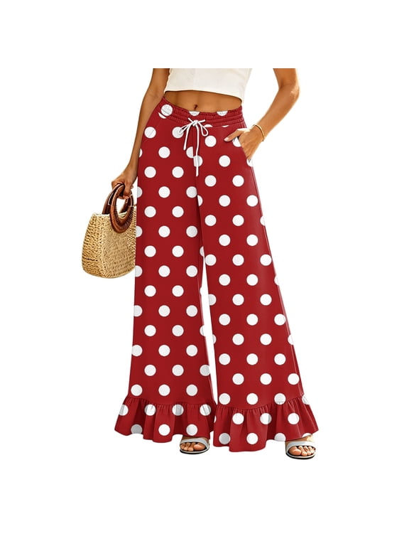 Womens Wide Leg Pants Drawstring Elastic High Waisted Ruffle Hem Palazzo Pants with Pockets,Red XL