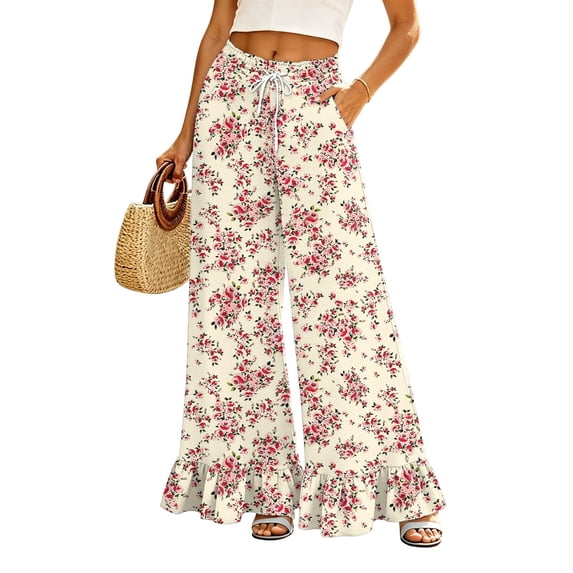 Sewkxo Womens Wide Leg Pants Drawstring Elastic High Waisted Ruffle Hem Palazzo Pants with Pockets,Red XL