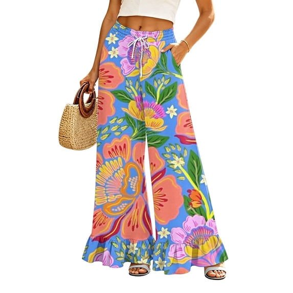 Sewkxo Womens Wide Leg Pants Drawstring Elastic High Waisted Ruffle Hem Palazzo Pants with Pockets,Saffron L