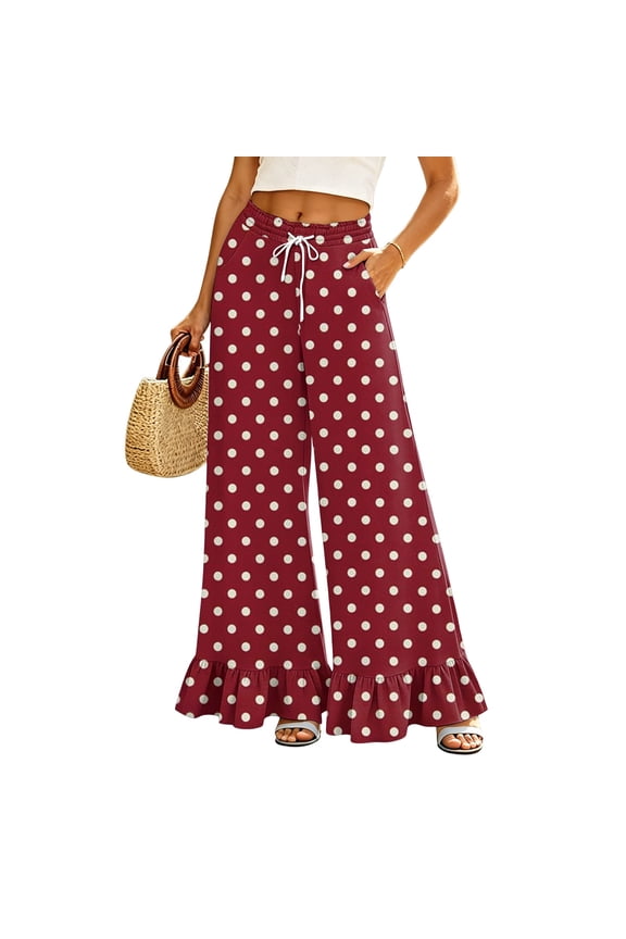 Womens Wide Leg Pants Drawstring Elastic High Waisted Ruffle Hem Palazzo Pants with Pockets,Wine 2XL