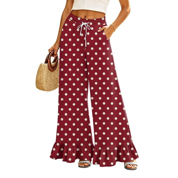 Sewkxo Womens Wide Leg Pants Drawstring Elastic High Waisted Ruffle Hem Palazzo Pants with Pockets,Wine XL