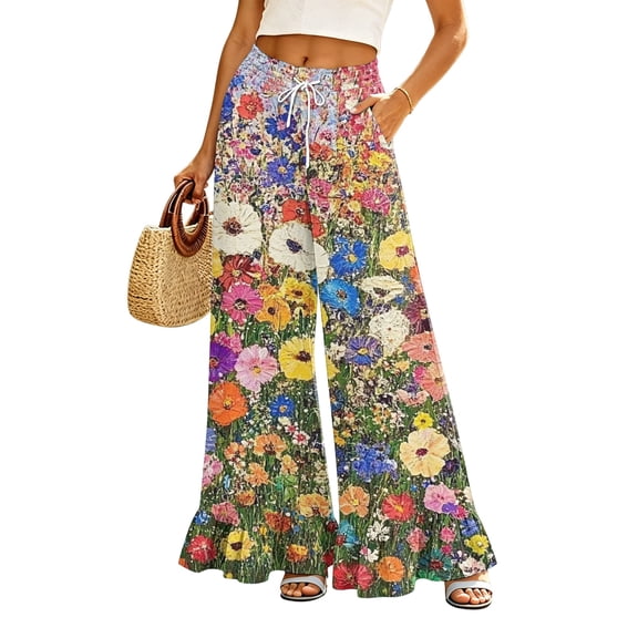 Sewkxo Womens Wide Leg Pants Drawstring Elastic High Waisted Ruffle Hem Palazzo Pants with Pockets,Yellow L