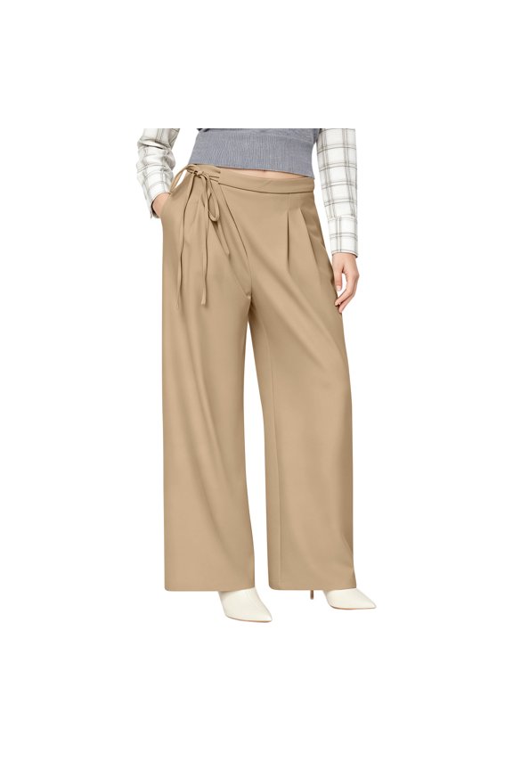 Womens Wide Leg Work Pants Flowy Dress Office Trousers | Work Pants,Invisible Front Zip,Front Pleats,Elastic High Waisted Palazzo Pants,Slacks with Pockets,Khaki S