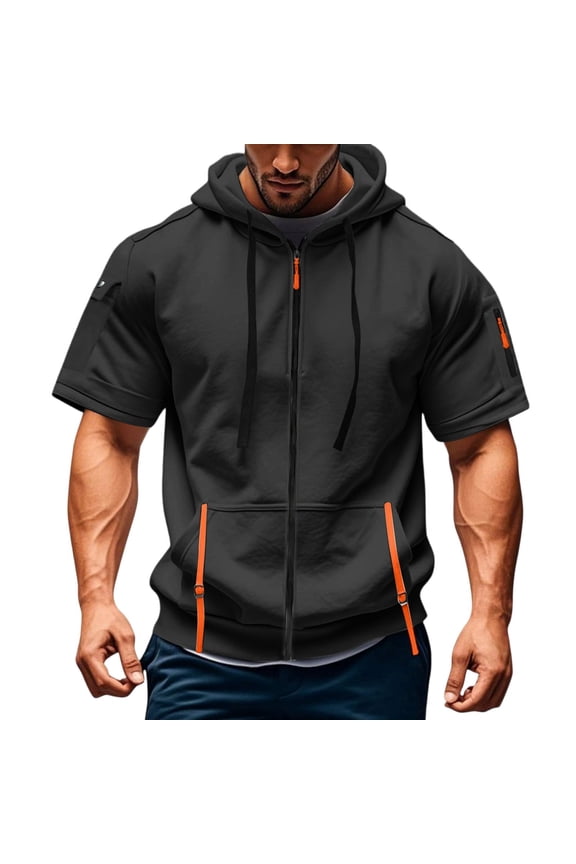 Zip Up Hoodie Men Short Sleeve Hoodies for Men Lightweight Jacket Summer Workout Gym Muscle Shirts with Pocket,Black 3XL