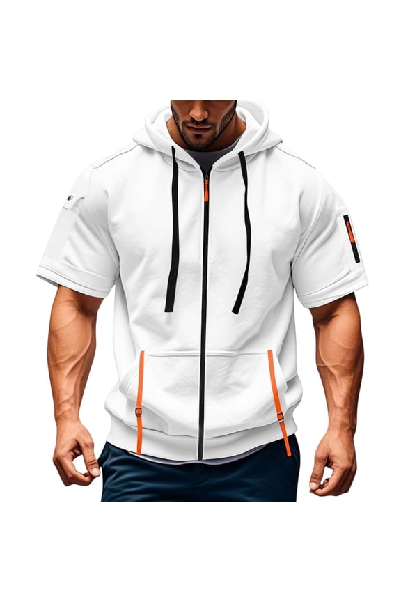 Zip Up Hoodie Men Short Sleeve Hoodies for Men Lightweight Jacket Summer Workout Gym Muscle Shirts with Pocket,White L