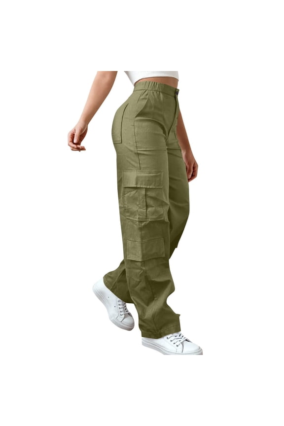 womens Work Pants Plus Size Button Zip Up Elastic Waist Trousers Spring Summer Straight Fit Relaxed Fit Cargo Trousers with Pockets,Green 2XL
