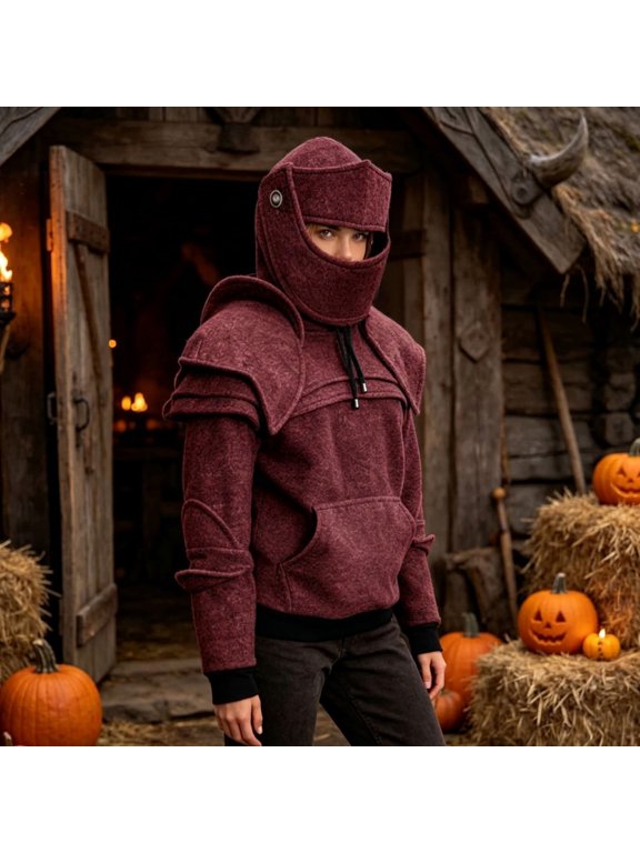 Hoodie with Detachable Face Cover Hood, Armor Print Pullover Sweatshirt for Men, Cosplay Top with Pocket, Halloween Party LARP Outfit