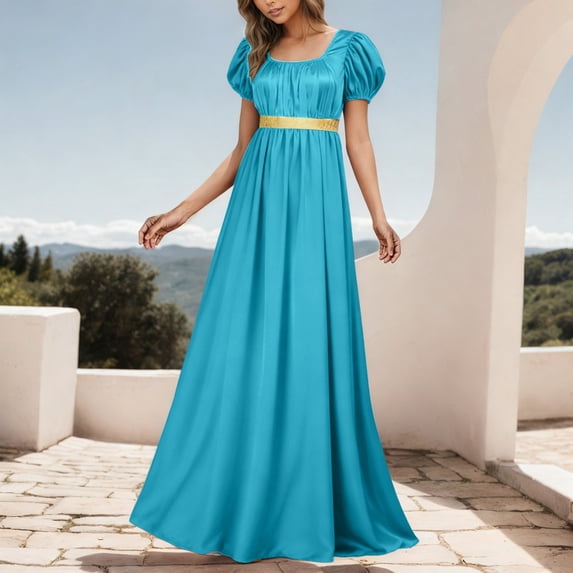 Sewyut Women's Satin Ruffle Dress Puff Sleeve Ribbon Waist Elegant ...