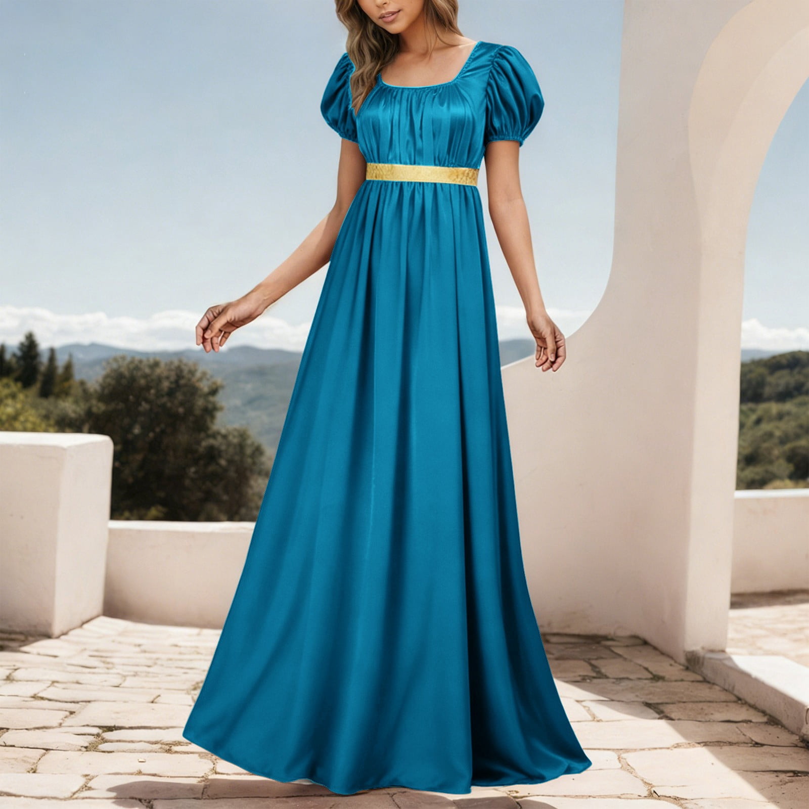 Sewyut Women's Satin Ruffle Dress Puff Sleeve Ribbon Waist Elegant ...