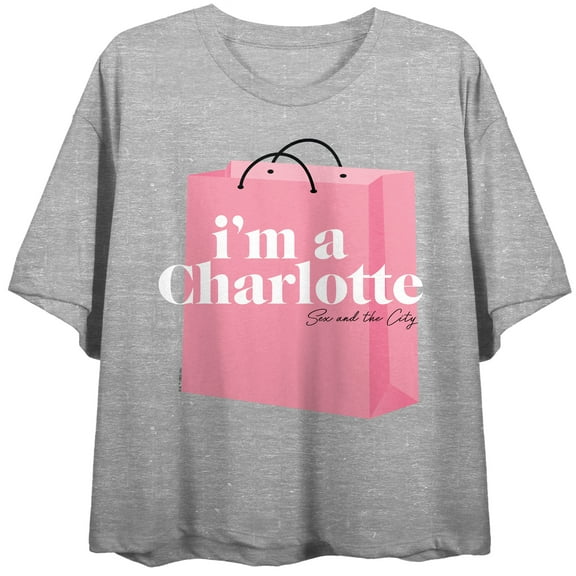 Sex and the City I'm a Charlotte Pink Shopping Bag Women's Heather Gray Short Sleeve Crop Tee-Large