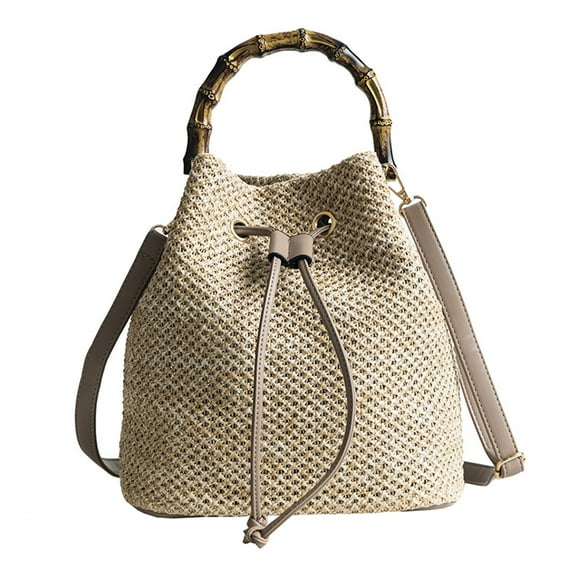 GETAJGHSD 1Pc Stylish Khaki Straw Shoulder Bag Bucket Shape Crossbody for Versatile Use