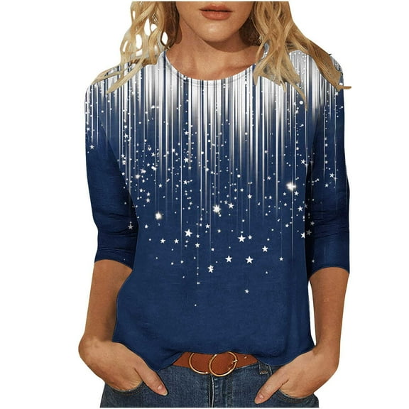 Sexlip 3/4 Length Sleeve Floral Printed Shirts Women's Casual 3/4 Sleeve T-Shirts 2025 Round Neck Tunic Tops Cute Basic Tees Blue XXL