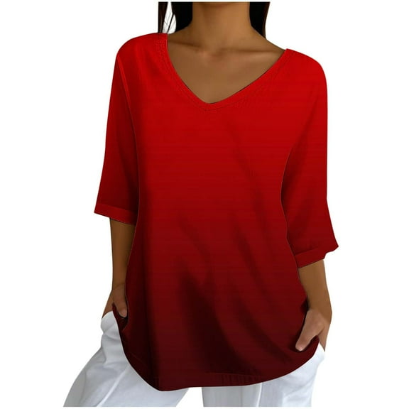Sexlip 3/4 Length Sleeve Womens Tops Dressy Casual Blouses for Women Trendy V Neck Three Quarter T Shirts Fall Clothes Red XL