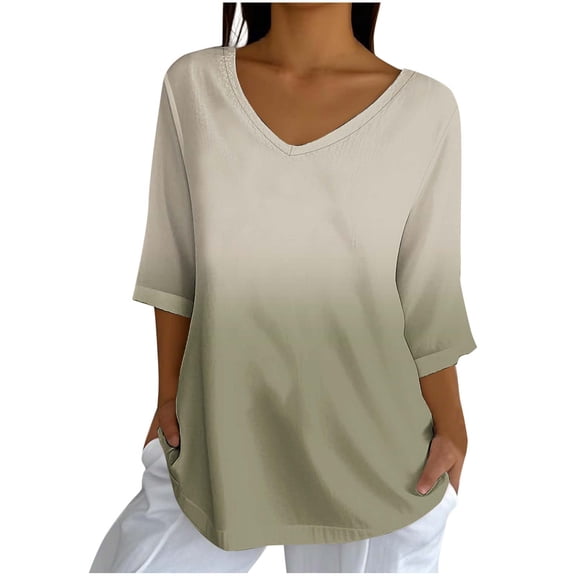 Sexlip 3/4 Length Sleeve Womens Tops Dressy Casual Blouses for Women Trendy V Neck Three Quarter T Shirts Fall Clothes Yellow M