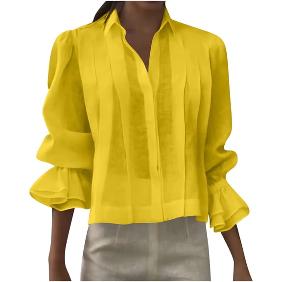 Sexlip 3/4 Ruffle Sleeve Button Down Shirt for Women Dressy Casual Lapel V Neck Pleated Blouse Trendy Work Office Tops Yellow XXL