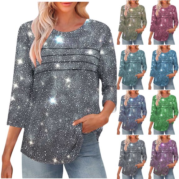 Sexlip 3/4 Sleeve Shirts for Women Casual Fall Fashion Crewneck Pleated Tunic Tops Work Outfit Blouse Green L