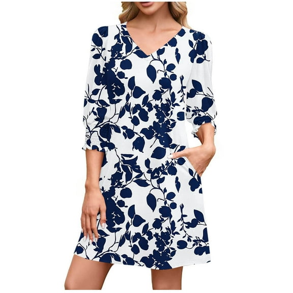 Sexlip A-Line Casual Mini Dress for Women Fall Smocked Cuff 3/4 Sleeve Trendy Floral Print Loose V Neck Swing Dresses with Pockets Blue S