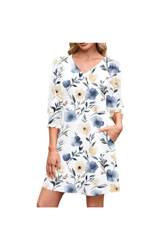 A-Line Casual Mini Dress for Women Smocked Cuff 3/4 Sleeve Loose V Neck Swing Fall Dresses with Pockets White M