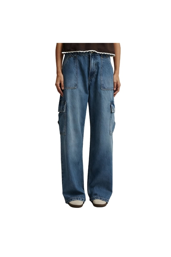 Baggy Cargo Jeans for Women Men Y2K Cargo Denim Sweatpants Low Rise Wide Leg Pants Streetwear Clothes Blue L