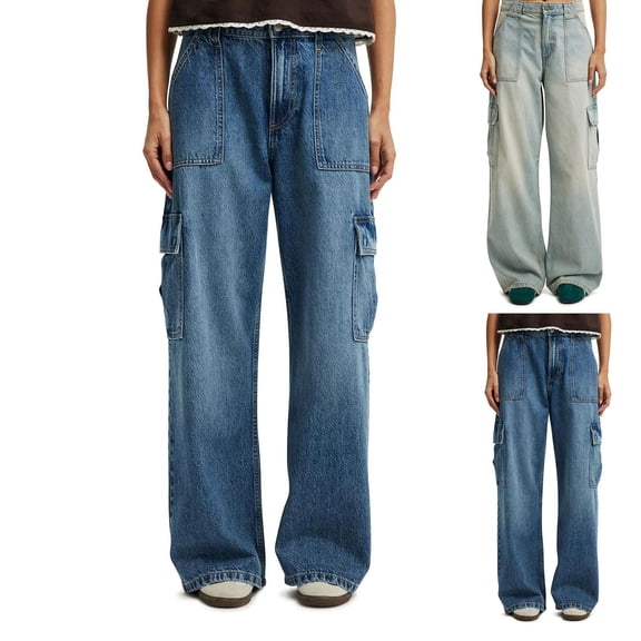 Sexlip Baggy Cargo Jeans for Women Men Y2K Cargo Denim Sweatpants Low Rise Wide Leg Pants Streetwear Clothes Blue L