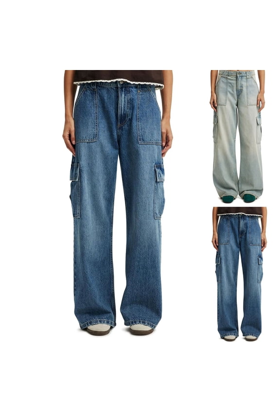 Baggy Cargo Jeans for Women Men Y2K Cargo Denim Sweatpants Low Rise Wide Leg Pants Streetwear Clothes Blue L