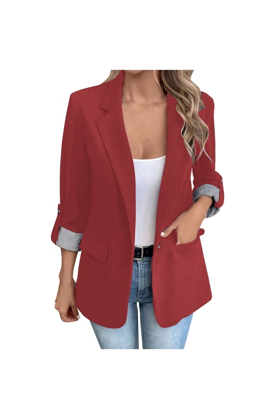 Blazer Jackets for Women Open Front Long Sleeve Work Office Casual Blazers with Pockets Red S