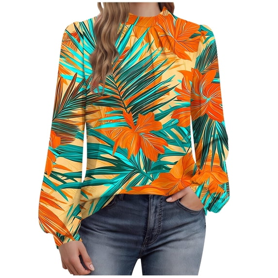 Sexlip Blouses for Women Dressy Casual Long Sleeve Mock Neck Tops Pleated Front Shirts Back Hole Fashion Tunic Tshirts Orange XXL