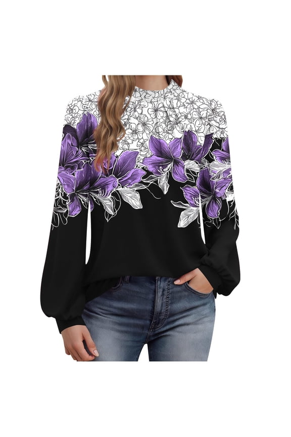 Blouses for Women Dressy Casual Long Sleeve Mock Neck Tops Pleated Front Shirts Back Hole Fashion Tunic Tshirts Purple L