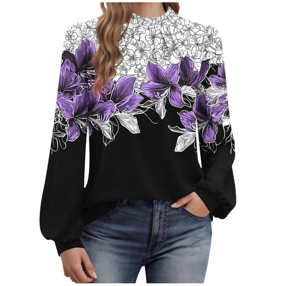 Sexlip Blouses for Women Dressy Casual Long Sleeve Mock Neck Tops Pleated Front Shirts Back Hole Fashion Tunic Tshirts Purple M