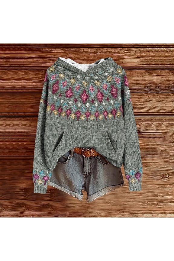 Boho Sweater for Women Holiday Sweaters Fall Clothes Winter Cozy Knitted Pullover Shirts Fashion Long Sleeve Tops Gray L
